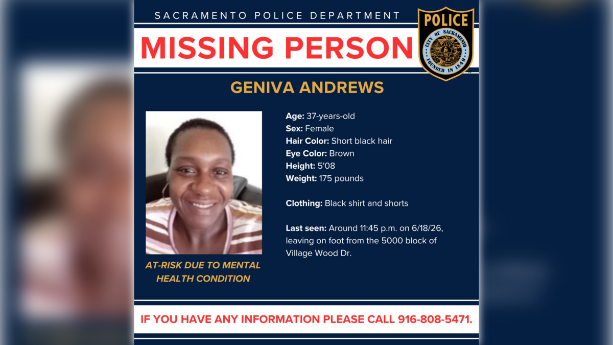 The Sacramento Police Department is asking for assistnace locating a missing at-risk, 37-year-old woman. Geniva Andrews, the missing woman, is about 5-foot-8, 175 pounds with short black hair and brown eyes, police said.